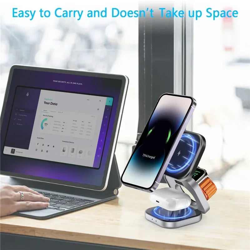 3-in-1 Foldable Magnetic Wireless Charger | Stand for iPhone, iWatch & AirPods