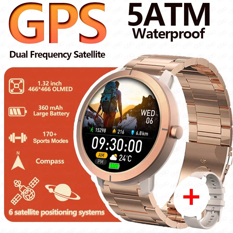 GPS Positioning Smart Watch 1.32AMOLED 5ATM Waterproof Women Health Bluetooth Call 360mAh Compass 170+Sports Mode SmartWatch