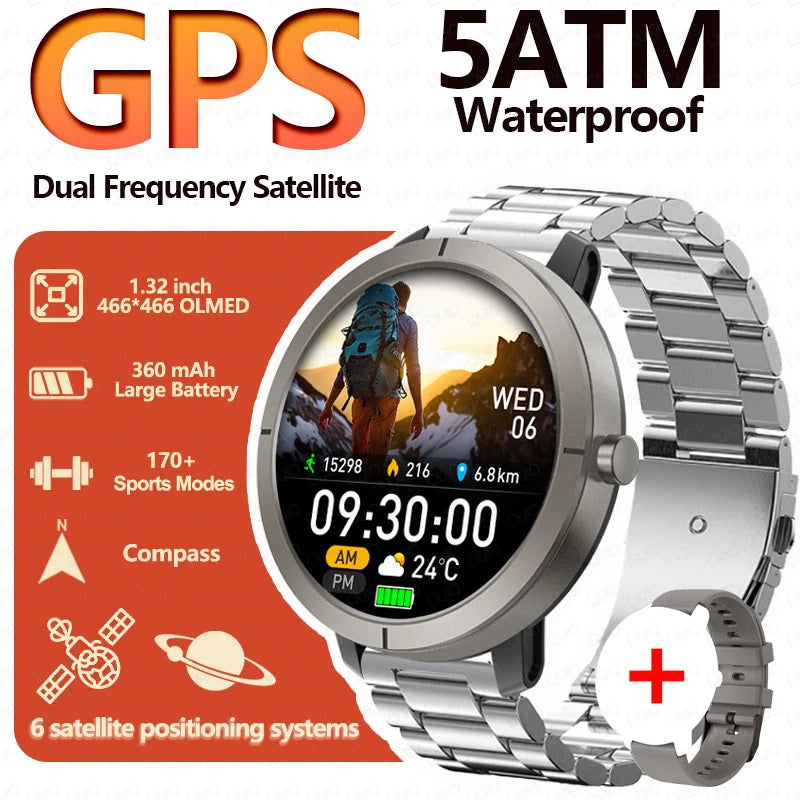 GPS Positioning Smart Watch 1.32AMOLED 5ATM Waterproof Women Health Bluetooth Call 360mAh Compass 170+Sports Mode SmartWatch