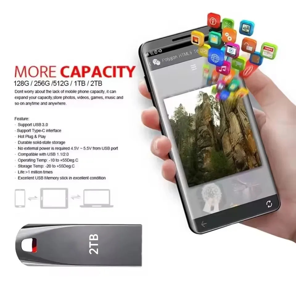 High-Speed USB 3.0 Flash Drive | 256GB–2TB Metal Portable Drive Waterproof