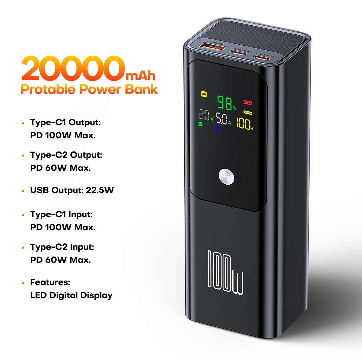 100W Power Bank | 20,000mAh Fast Charging Portable Charger for Devices