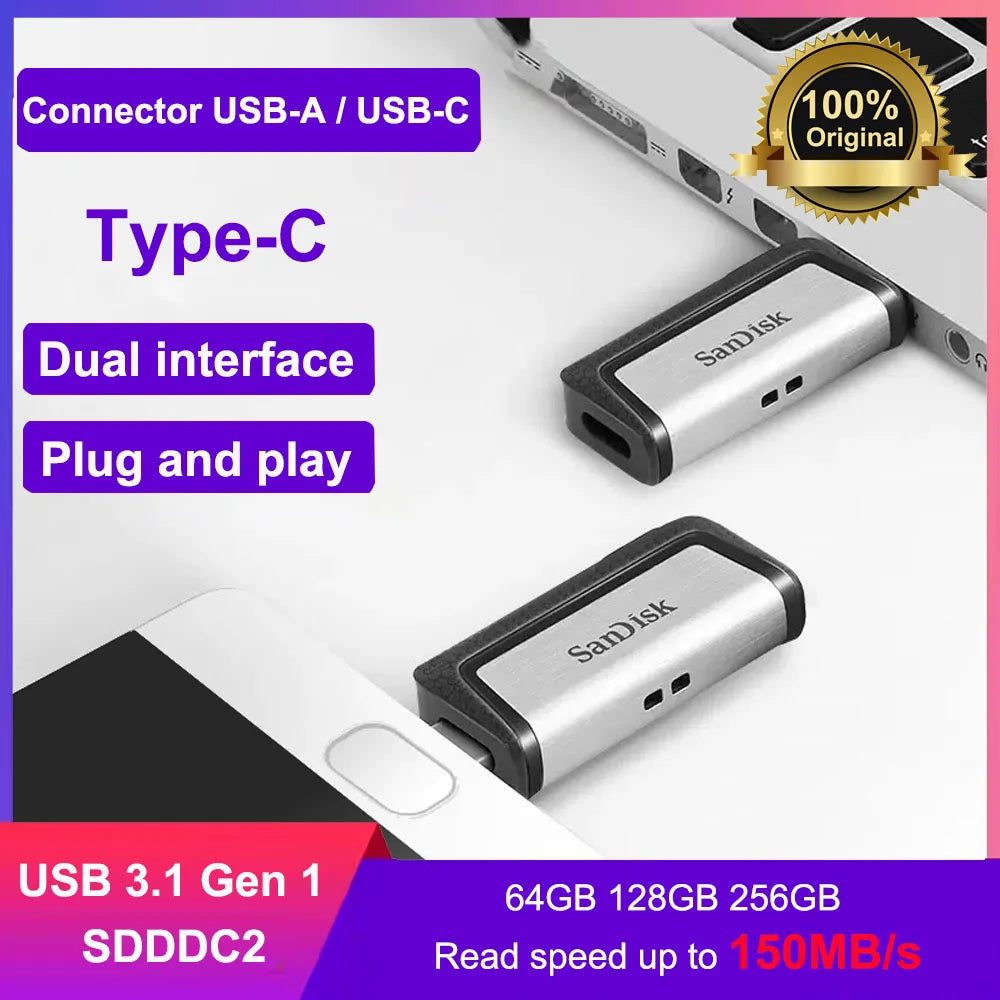 SanDisk Ultra Dual Drive USB 3.1 Type-C 256GB U Disk USB Flash Drive 64GB OTG 128GB