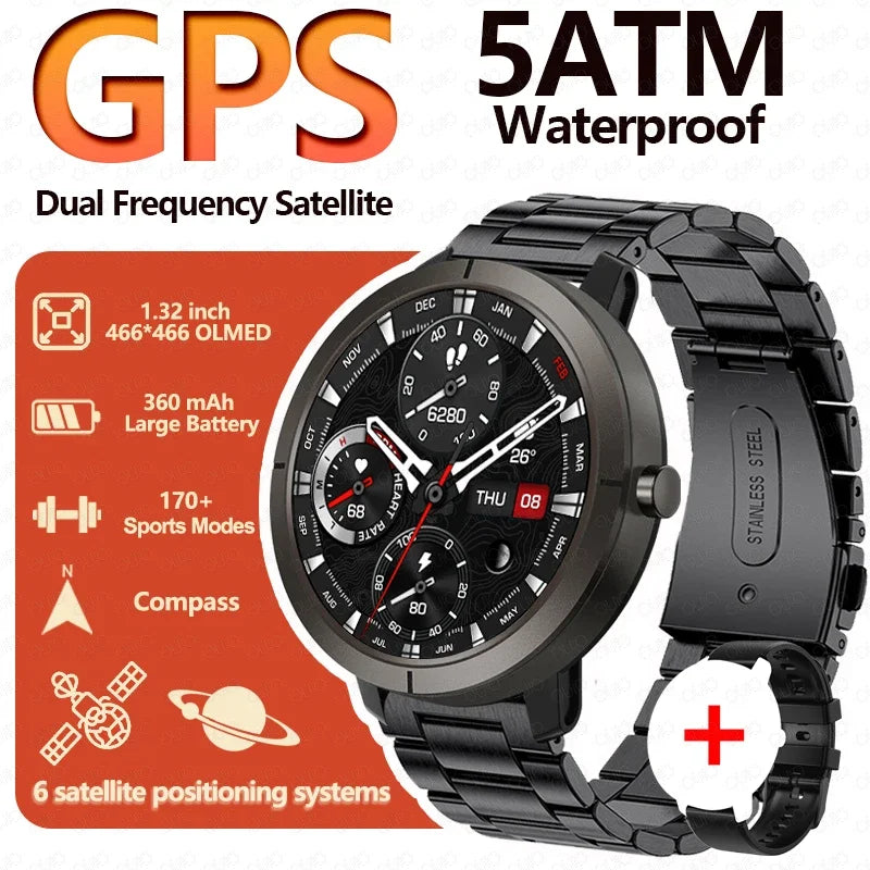 GPS Positioning Smart Watch 1.32AMOLED 5ATM Waterproof Women Health Bluetooth Call 360mAh Compass 170+Sports Mode SmartWatch