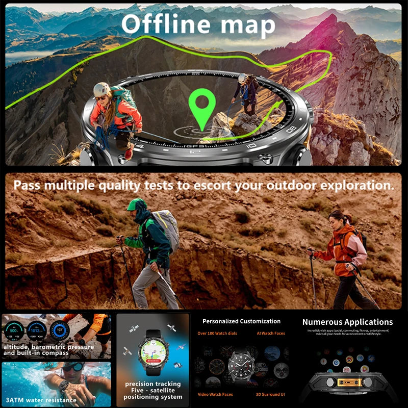 HD300 Pro Men Smart Watch AMOLDE GPS Track Offline Map 4GB Memory Recorder Flashlight Outdoor Sport Barometer Altitude Compass