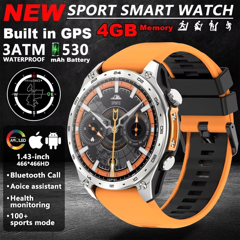 HD300 Pro Men Smart Watch AMOLDE GPS Track Offline Map 4GB Memory Recorder Flashlight Outdoor Sport Barometer Altitude Compass