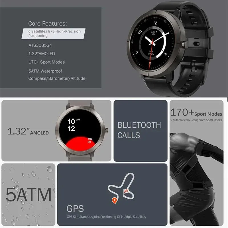 GPS Positioning Smart Watch 1.32AMOLED 5ATM Waterproof Women Health Bluetooth Call 360mAh Compass 170+Sports Mode SmartWatch