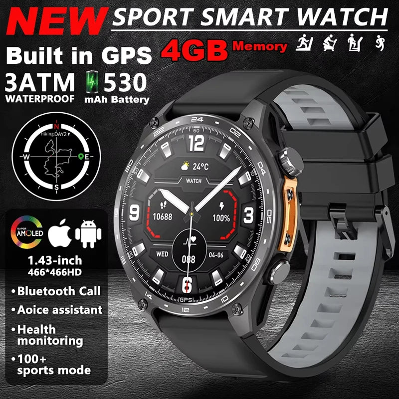 HD300 Pro Men Smart Watch AMOLDE GPS Track Offline Map 4GB Memory Recorder Flashlight Outdoor Sport Barometer Altitude Compass