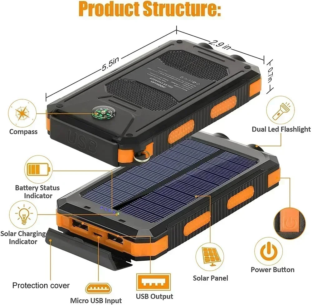 Solar Power Bank 50000mAh | Portable External Battery with LED Light