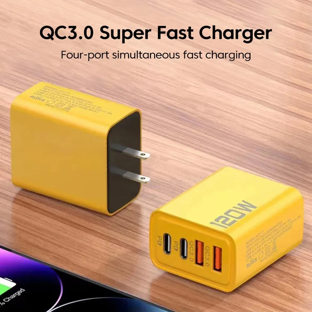 Fast Charging 4-Port USB Charger | 120W Wall Adapter for Smartphones