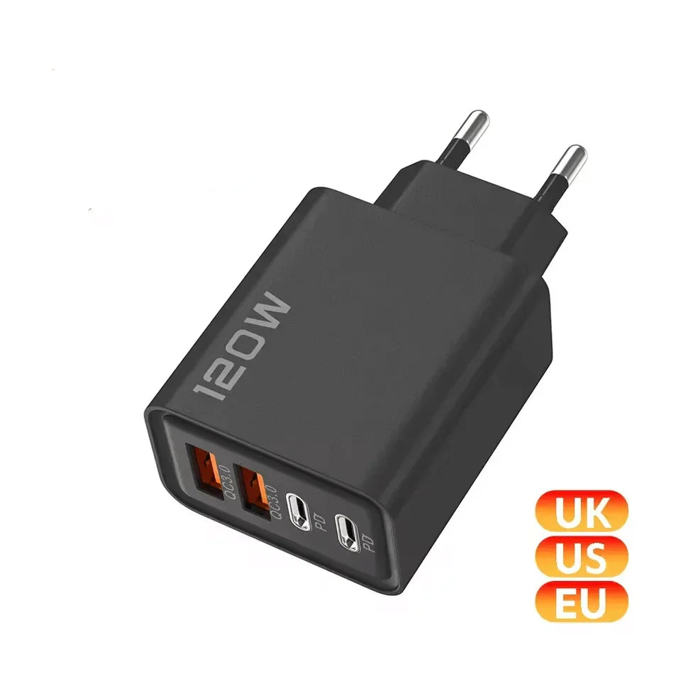 Fast Charging 4-Port USB Charger | 120W Wall Adapter for Smartphones