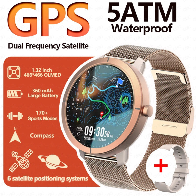 GPS Positioning Smart Watch 1.32AMOLED 5ATM Waterproof Women Health Bluetooth Call 360mAh Compass 170+Sports Mode SmartWatch
