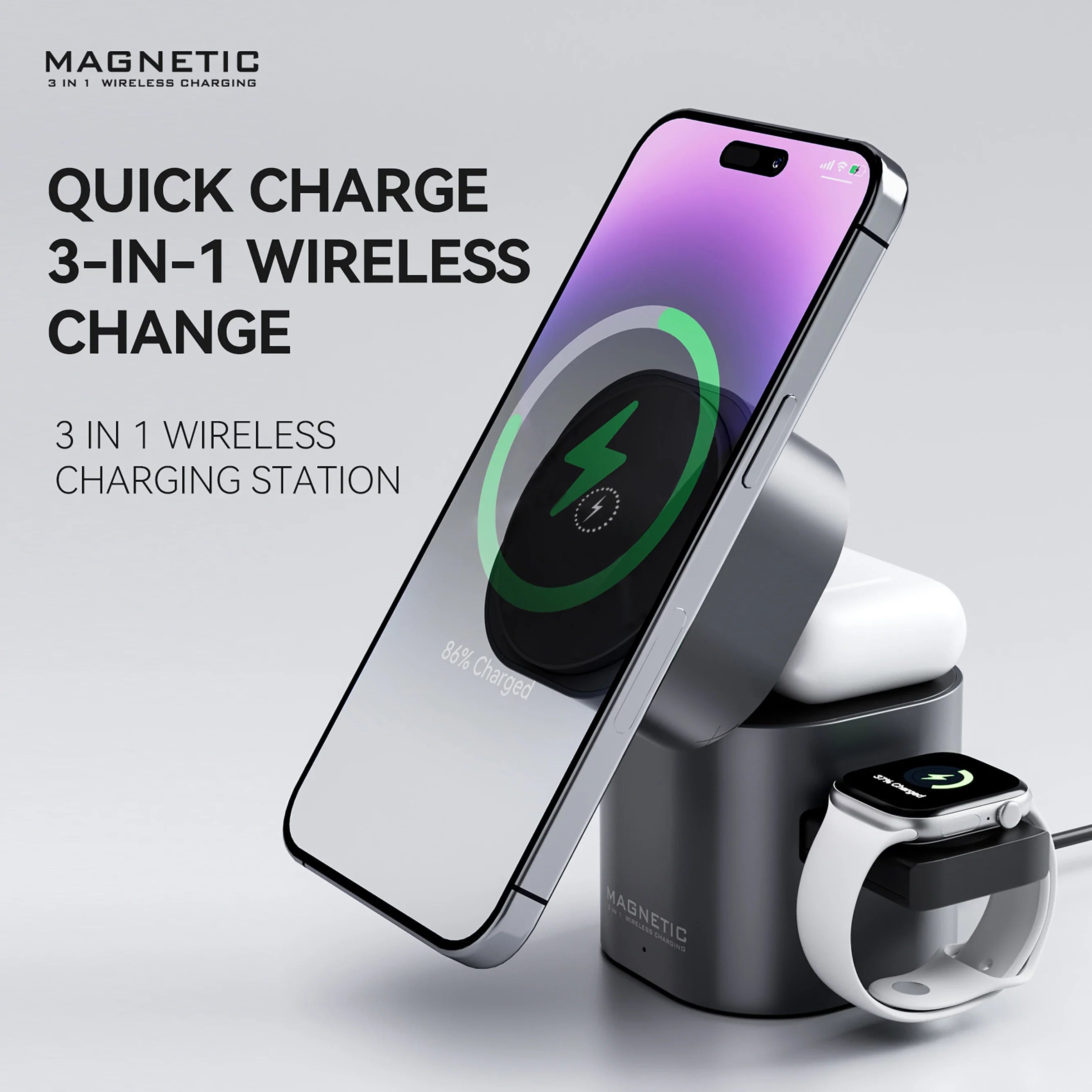 3-in-1 Wireless Charging Station | Fast Charger for iPhone, Apple Watch & AirPods