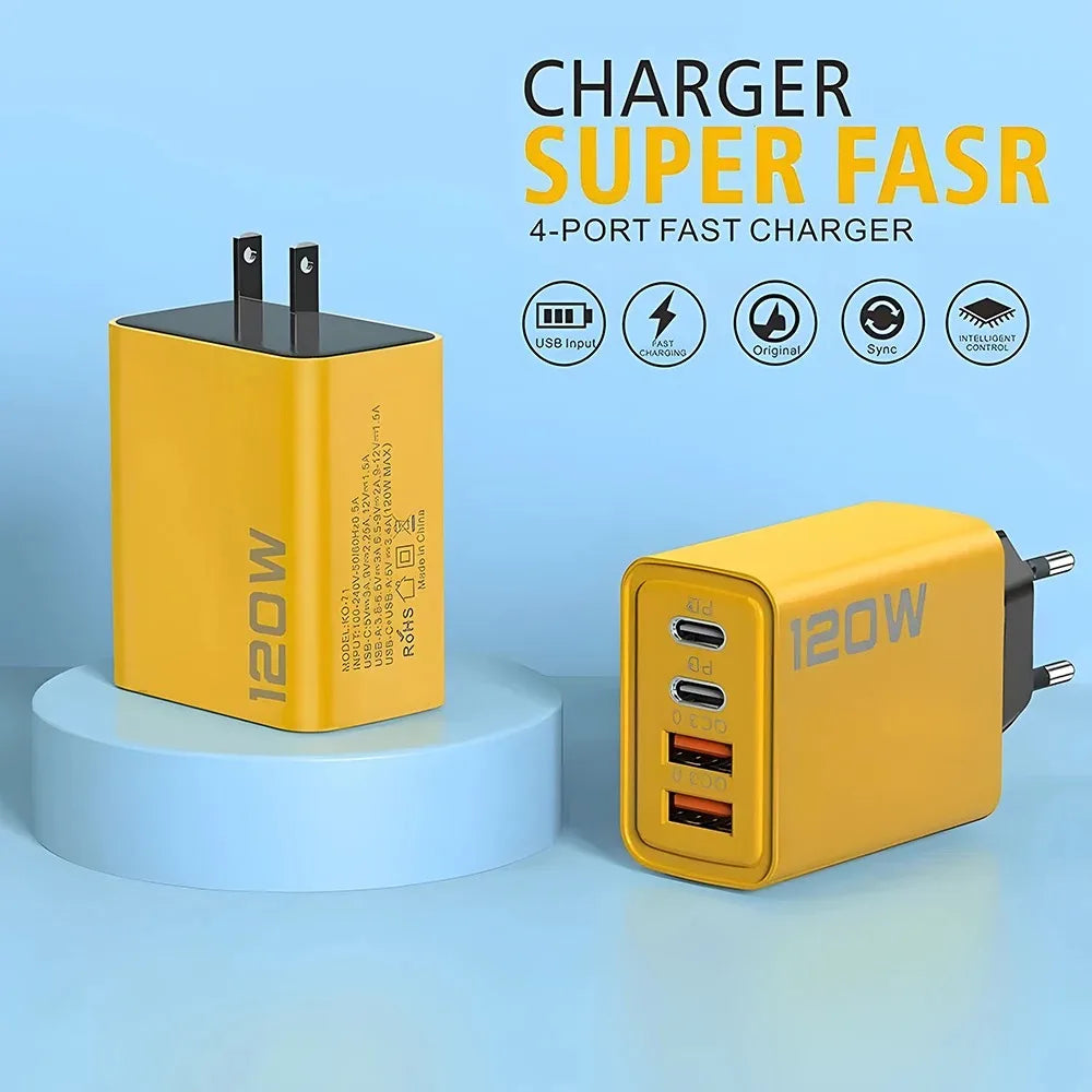 Fast Charging 4-Port USB Charger | 120W Wall Adapter for Smartphones