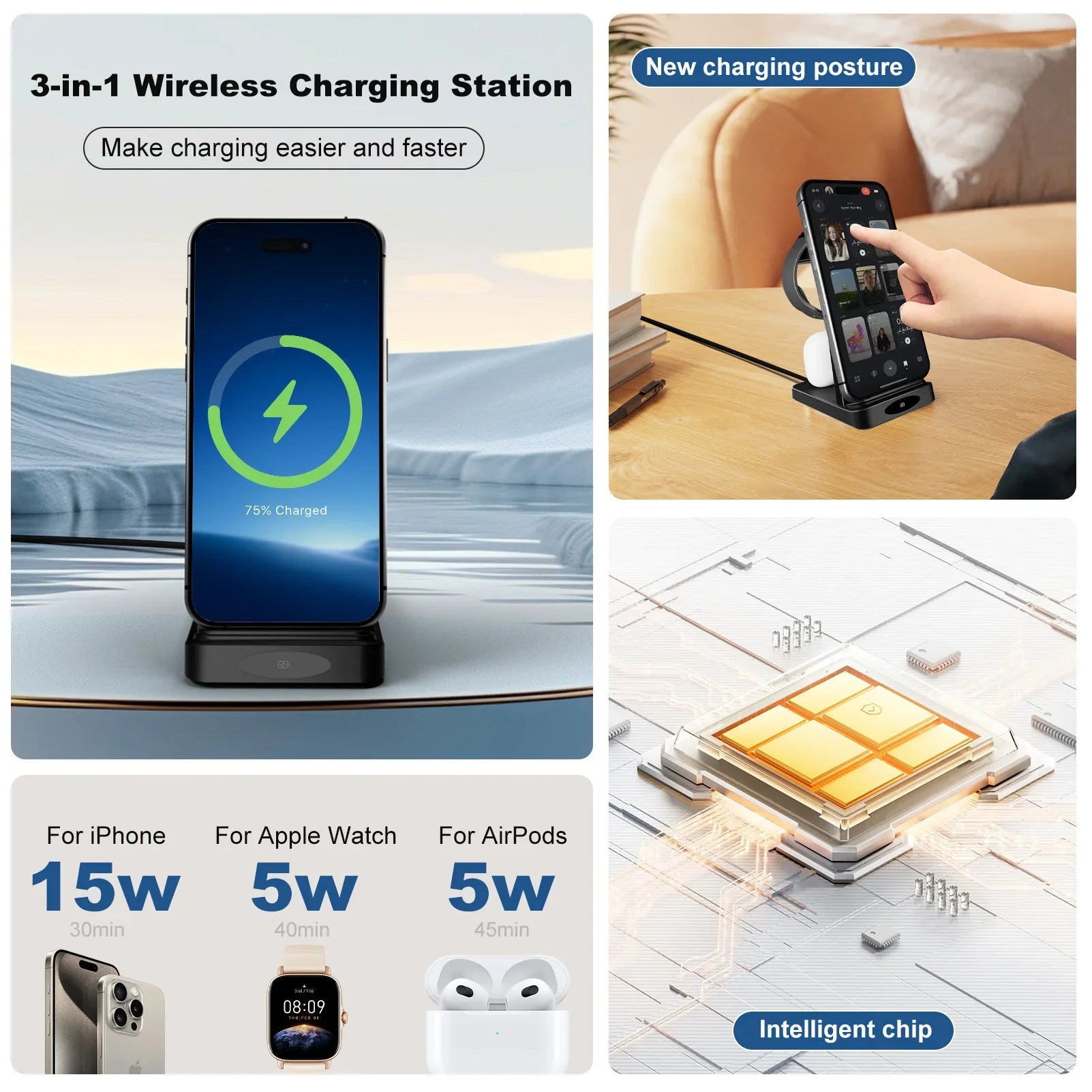 3-in-1 Foldable Magnetic Wireless Charger – 18W Fast Charging for Phone