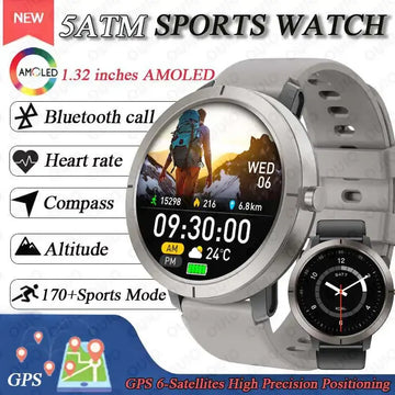 GPS Positioning Smart Watch 1.32AMOLED 5ATM Waterproof Women Health Bluetooth Call 360mAh Compass 170+Sports Mode SmartWatch
