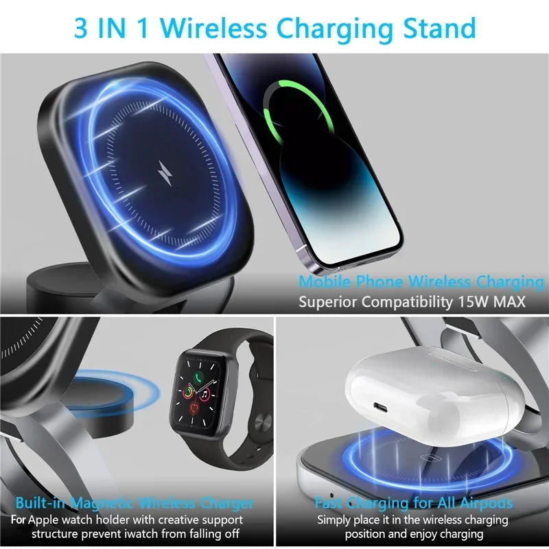 3-in-1 Foldable Magnetic Wireless Charger | Stand for iPhone, iWatch & AirPods