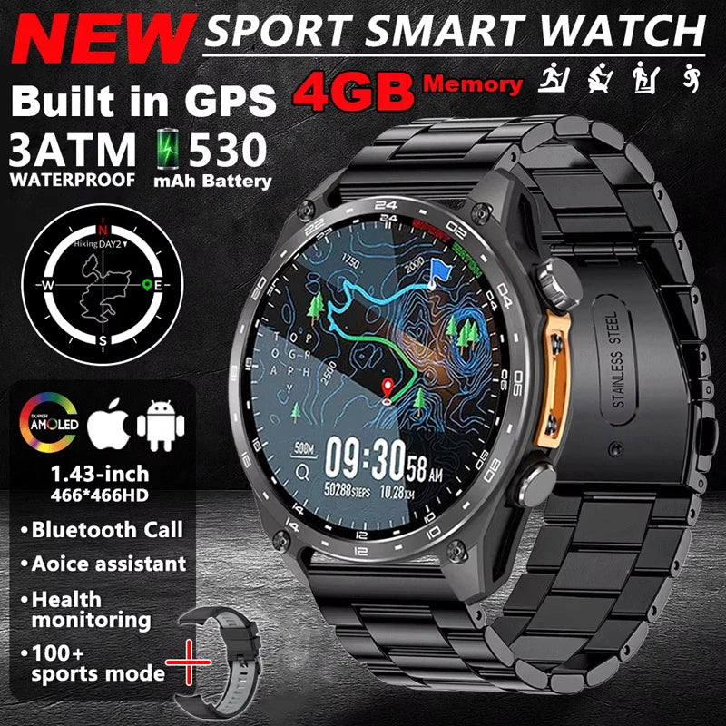 HD300 Pro Men Smart Watch AMOLDE GPS Track Offline Map 4GB Memory Recorder Flashlight Outdoor Sport Barometer Altitude Compass