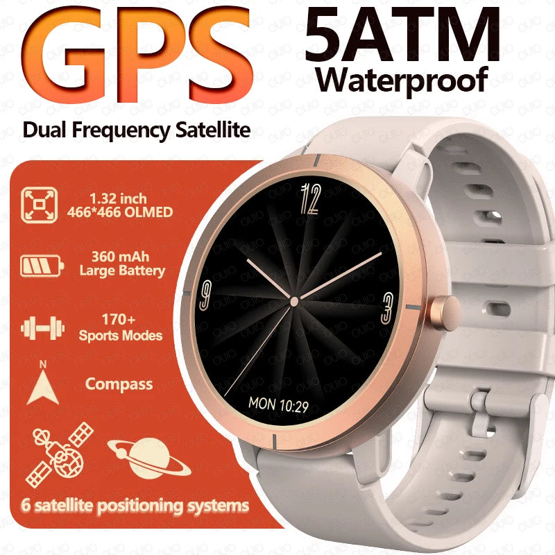GPS Positioning Smart Watch 1.32AMOLED 5ATM Waterproof Women Health Bluetooth Call 360mAh Compass 170+Sports Mode SmartWatch