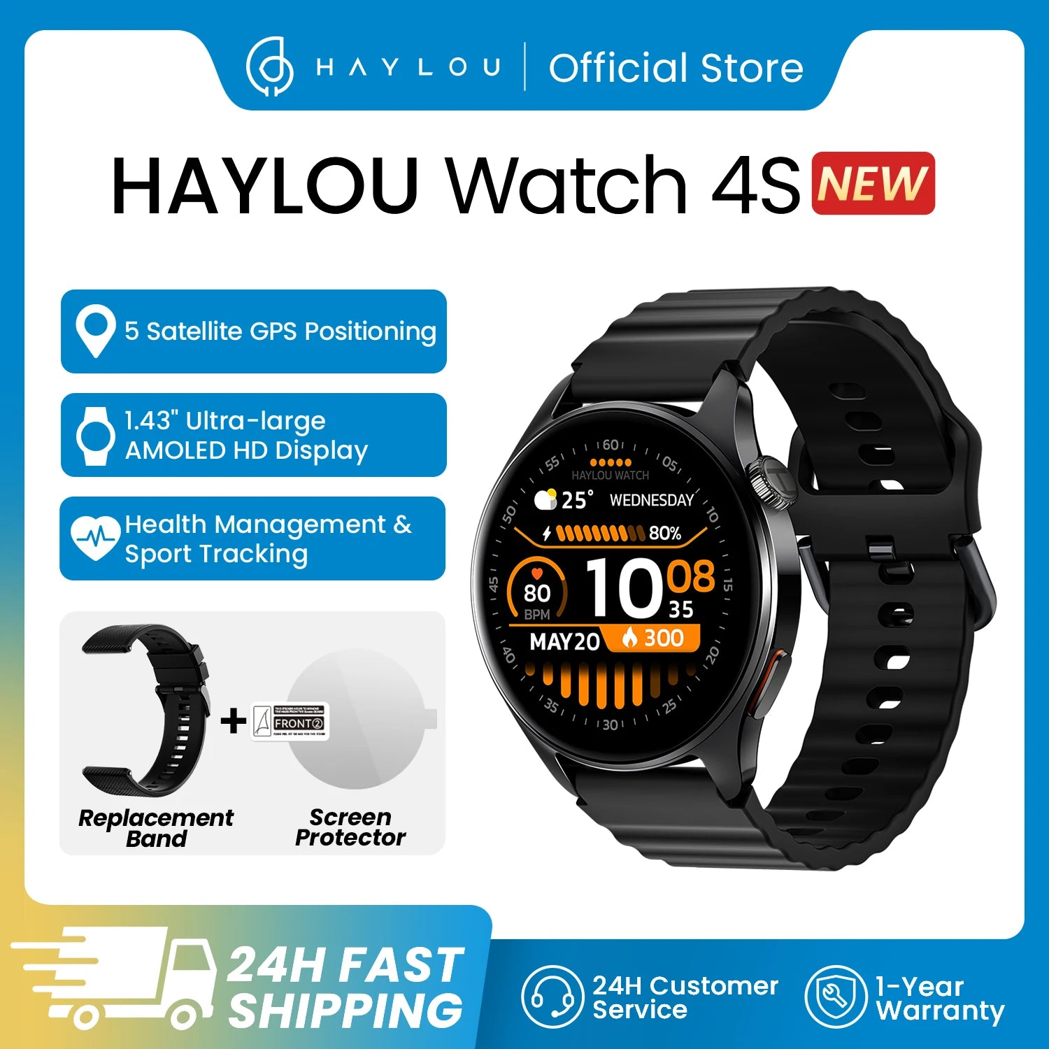 Watch 4S GPS Smartwatch 1.43” HD AMOLED Display 5 Satellite GPS Positioning 120+ Workout Modes Sport Fitness Smart Watch