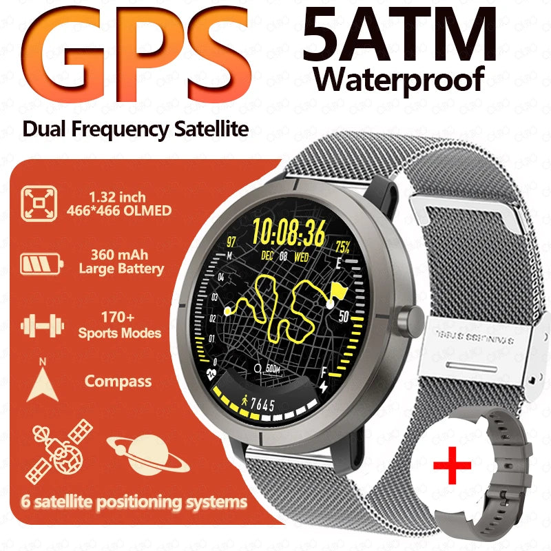 GPS Positioning Smart Watch 1.32AMOLED 5ATM Waterproof Women Health Bluetooth Call 360mAh Compass 170+Sports Mode SmartWatch